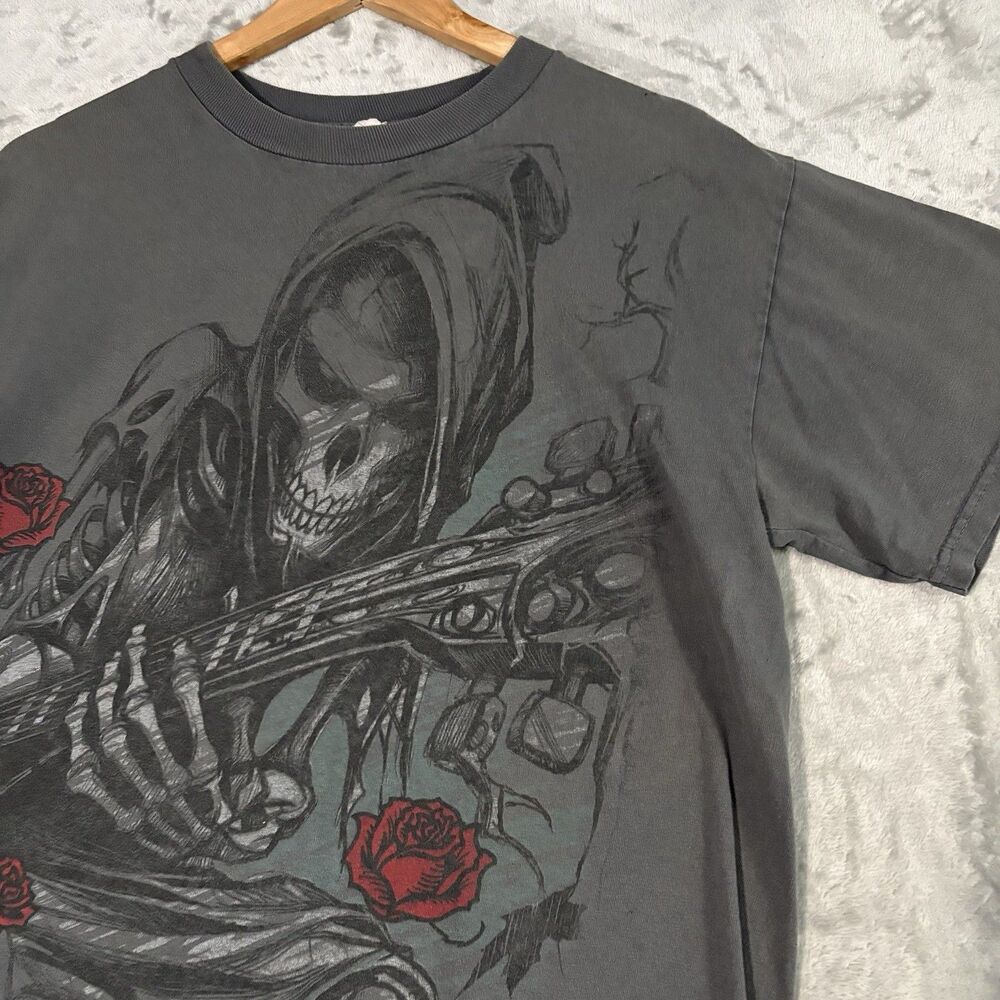 Vintage Y2K Grim Reaper Skeleton Playing Guitar AOP T-Shirt Roses Grunge Emo S/M